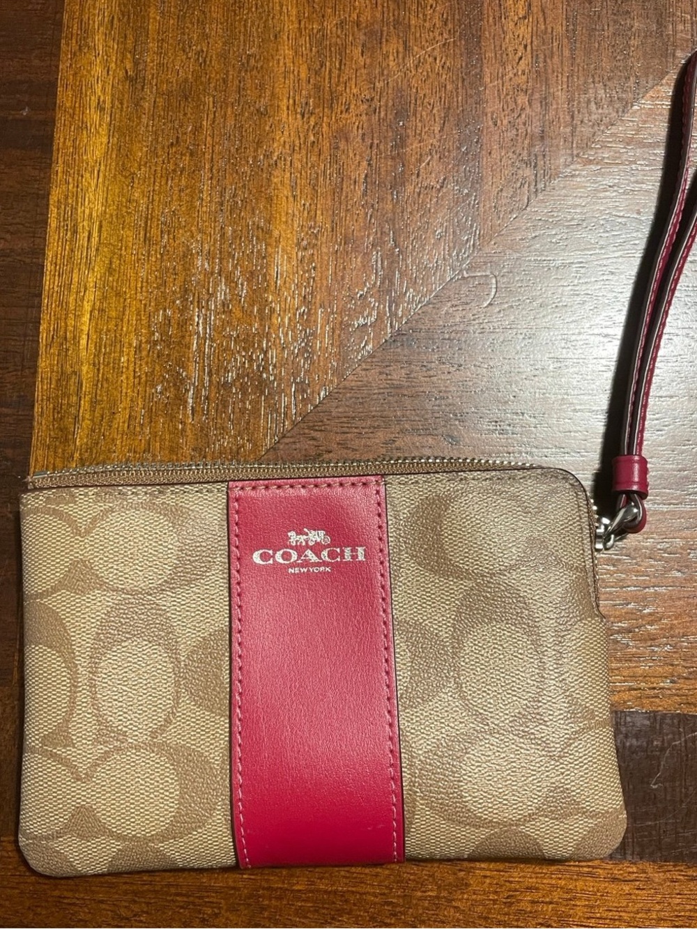 Red and Tan Coach Zippered Wristlet